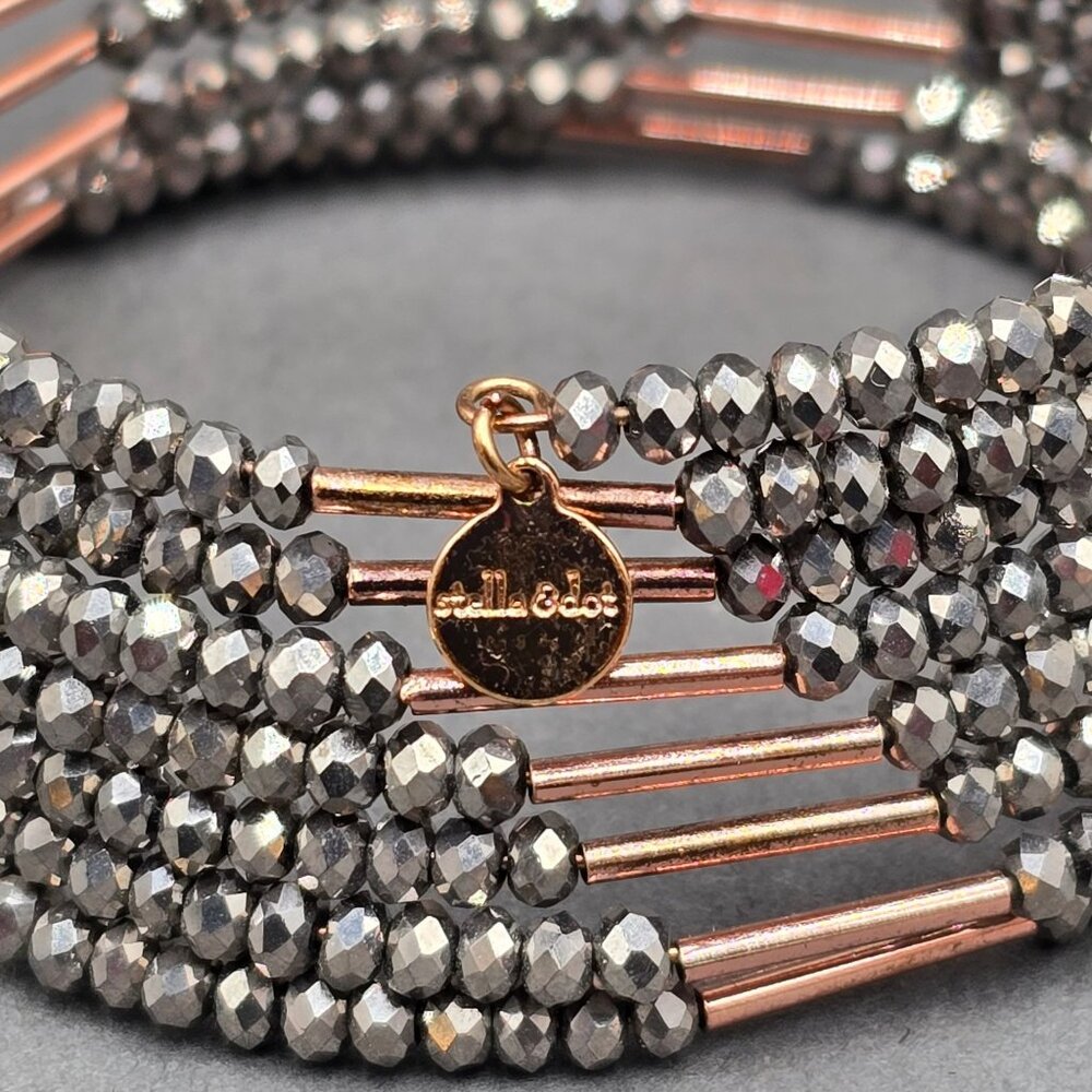 Stella & Dot Bardot Spiral Coil Bracelet Hematite Beads Rose Gold Tone 7" - Picture 3 of 6